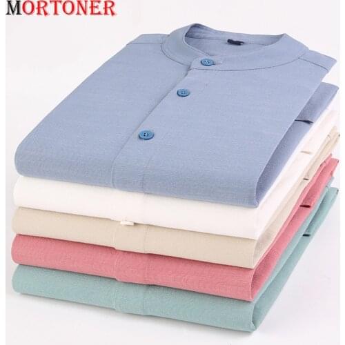 Mens Stand-up Collar Cotton Shirt Brand Long sleeved Casual Solid Color Shirt Mens Japanese Daily Wear Retro Shirt