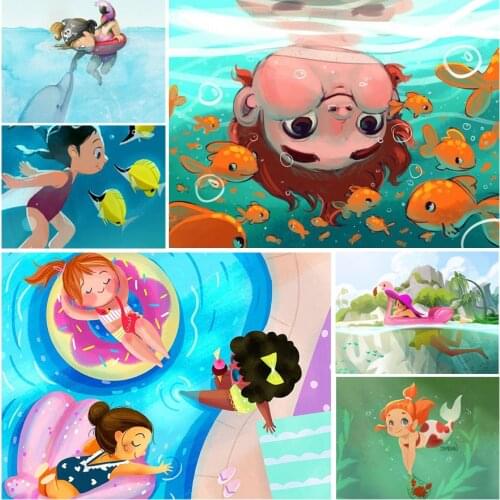 Cartoon Swimming Scene Cute 5D Diy Full Square and Round Diamond Painting Embroidery Cross Stitch Kit Wall Art Club Home Decor