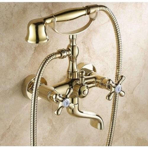 Wall Mount Golden Color Brass Bathroom Tub Faucet Set with 150CM Handheld Shower Spray Head Mixer Tap 2tf081