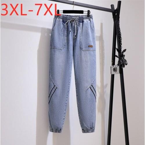 New Ladies Autumn Winter Plus Size Harem Jeans For Women Large Loose Cotton Pocket Belt Blue Denim Trousers 3XL 4XL 5XL 6XL 7XL