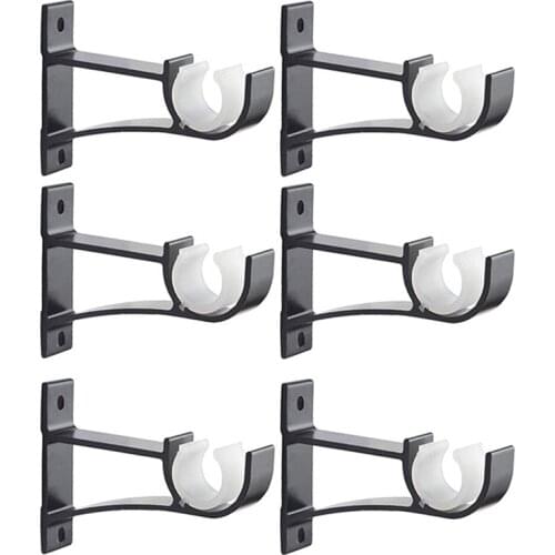 Single Curtain Rod Brackets for Drapery Rod Aluminum Alloy Heavy Duty Curtain Rod Holders (Black) 6Pcs