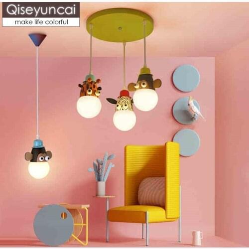 Qiseyuncai Modern childrens room led dimming cartoon animal eye protection chandelier creative boy girl bedroom lighting