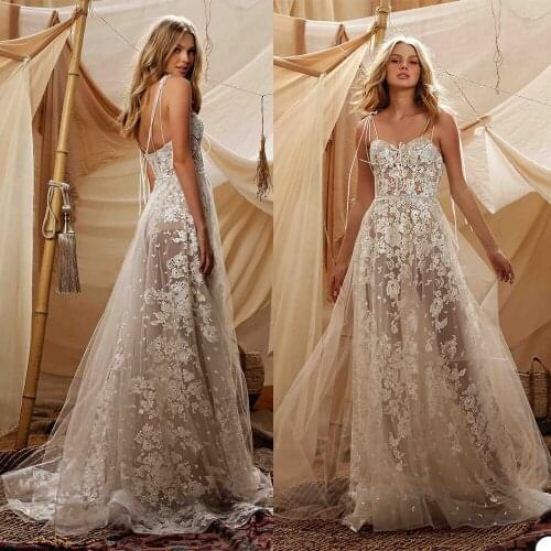 2020 New Wedding Dresses Spaghetti Straps Lace Appliques Bridal Gowns Custom Made Backless Sweep Train A Line Wedding Dress