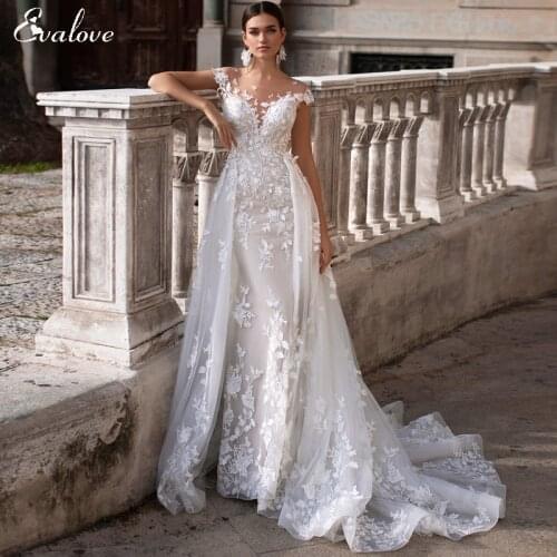 EVALOVE Romantic Scoop Neck Backless Bride Mermaid Wedding Dresses Gorgeous Appliques Detachable Train Customized Wedding Gown