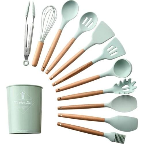 Fresh Green Wooden Handle Silicone Kitchenware Non-stick Spatula Kitchenware Spatula Spoon Turner Soup Ladle Whisk Kitchen Tools