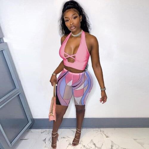 Cleavage Bandage Two Piece Set Women Activewear Lace Up Sleeveless Crop Top+bodycon Shorts Sweatsuit Female Co-ord Set Outfits