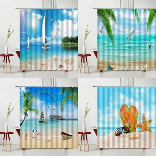 High Quality Sunny Beach Printed Fabric Shower Curtains Sea Scenery Bath Screen Waterproof Products Bathroom Decor With Hooks