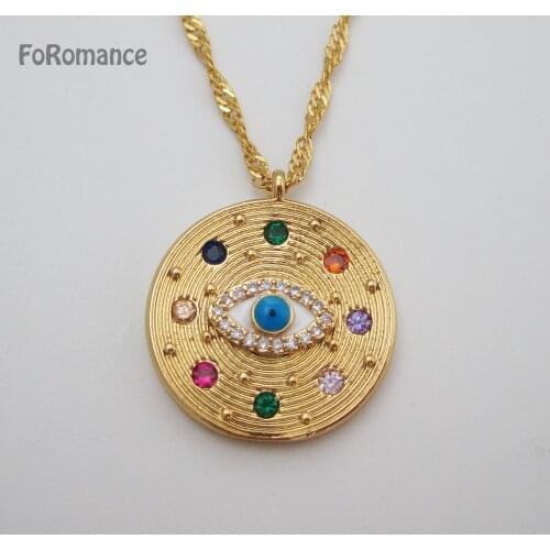 YELLOW GOLD PLATED GP 45CM WATER WAVE CHAIN & EVIL EYE WITH COLORFUL CZ STONES ROUND SHAPED PENDANT