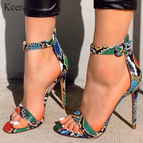 Kcenid Multicolor serpentine sandals women 2020 sexy high heels women buckle strap pumps thin heel nightclub party shoes zipper