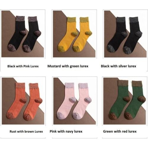 Women Solid Cotton Socks Lurex Cuff Socks Girls Glitter Lurex Winter Socks Spring Mustard Pink Ankle Sock Crew Socks 6 pairs/lot