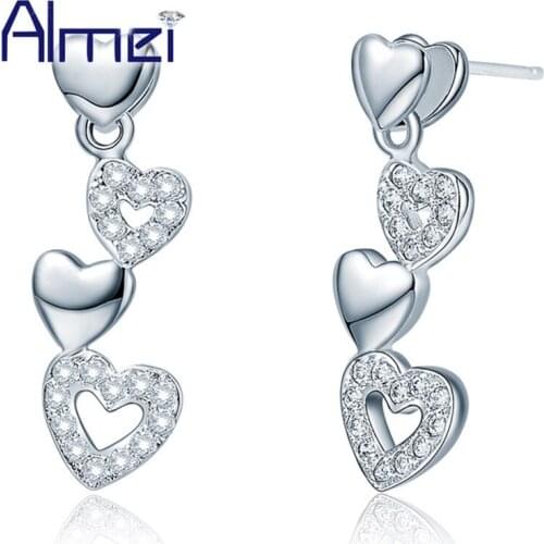 Almei Stud Earrings for Women Heart Silver Color Costume-Jewelry-Earring Brincos Crystal Earring Cute Bijouterie China R509