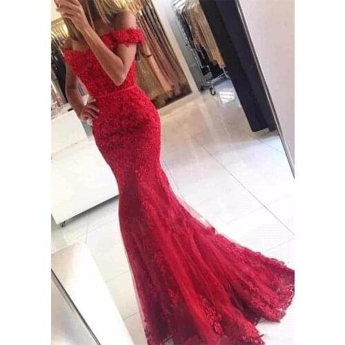 Glamorous Mermaid Off the shoulder Red Appliques Evening Dress Sleeveless Sweetheart Lace Prom Gown Custom Formal Dress