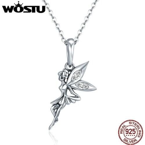 WOSTU Authentic 925 Sterling Silver Flower Fairy Dangle Pendants Necklaces for Women Fine Brand Jewelry Lover Gift