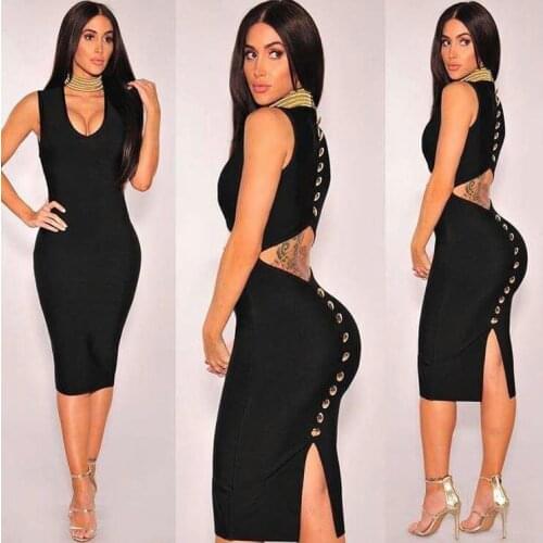 Top Quality Celebrity Black Sleeveless Back Bottons Bodycon Rayon Bandage Dress Cute Evening Party Dress