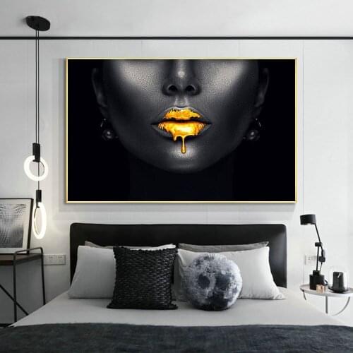 Gold Lips African Black Woman Canvas Paintings on the Modern Wall Art Poster and Print Picture for Room Home Cuadros Decoration