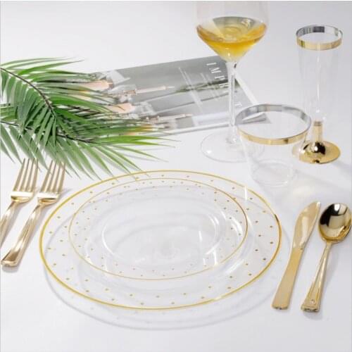 Gold Disposable Plates Wedding party home supplie Plastic Party Plates for 10 people party Plastic Silverware Plastic Cups