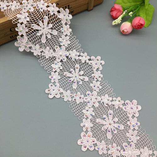 1 Yard Pink 3D Rhinestones Diamond Lace Trim Ribbon Embroidered Applique Glitter Patches DIY For Wedding Dress Clothes Shoes