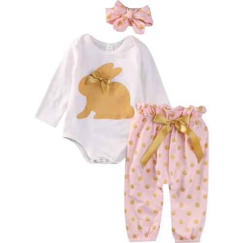 3PCS Lovely Cute Fashion 0-18M Newborn Baby Girls Long Sleeve Rabbit Print White Romper Tops Polka Dot Pink Bow Pants Headband