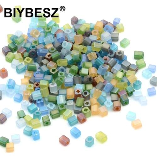 4mm Matte Rainbow Square Glass Beads 2mm Square Big Hole Beads for Jewelry Making DIY Necklace Bracelet Accessories Beads