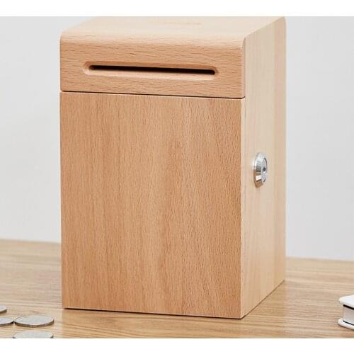 Wood Piggy Bank Large Capacity Coin and Paper Money Saving Box with Key Lock Children Mini Money Safes