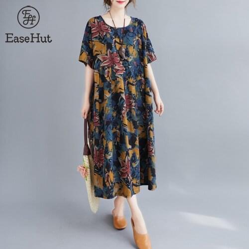 EaseHut Women Vintage Dress Floral Printed Pockets Loose Casual O-Neck Short Sleeves Dress Plus Size Robe Female Baggy Dress