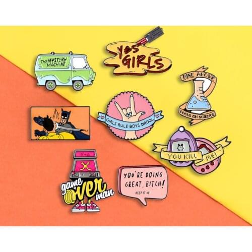 Cartoon Anime enamel pins Yes Girl Feminist badges Science chemistry brooches Denim jackets bag Lapel pin Fashion jewelry gifts