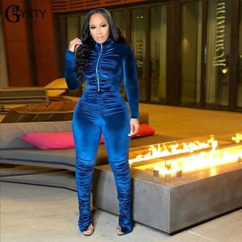 GBYXTY Casual Stacked Sweatpant 2 Piece Set Women Velvet Tracksuit Long Sleeve Crop Sweatshirt and Pants Ruched Sweatsuit ZL1090