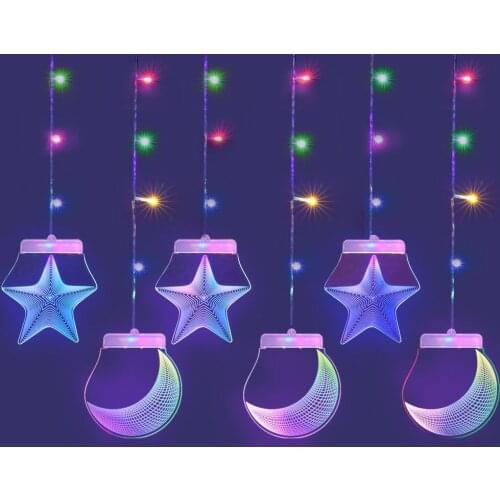 6pcs Moon Star LED Curtain Lights Christmas Fairy Garlands Outdoor LED Twinkle String Lights Wedding Holiday Festival Decoration
