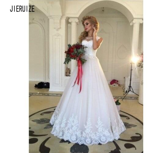 JIERUIZE Vintage Lace Wedding Dress Illusion Jewel Neck Bow Sash A Line Bride Dresses Appliques Button Back Robe De Mariee