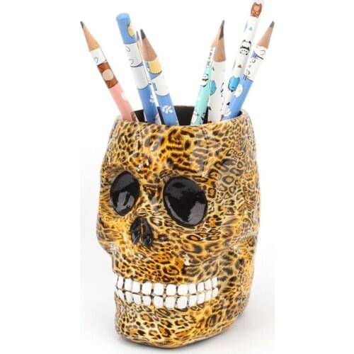 Makeup Brush Skull Storage Tube Organizer Leopard Print Flower Bucket Round Pen Holder Desktop Beauty Tools Home Decor Container