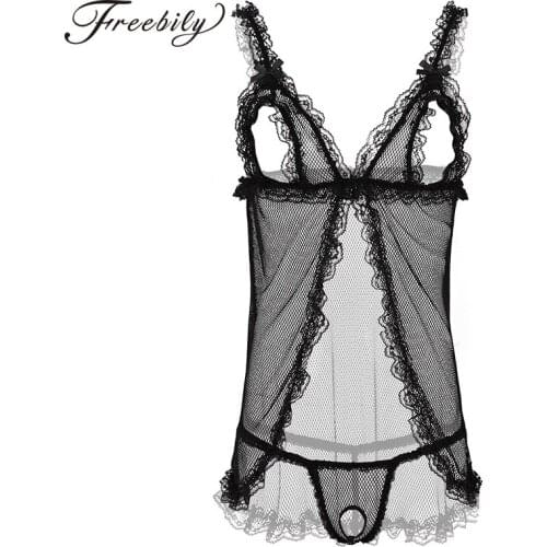 Mens Sissy See Through Sheer Fishnet Lace Lingerie Set Elastic Shoulder Straps Open Cups Tops with G-string Briefs Nightwear Set