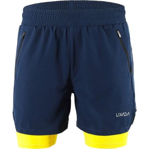 Lixada Mens 2-in-1 Running Sport Shorts Quick Drying Breathable Gym Training Exercise Jogging Cycling Shorts With Longer Liner