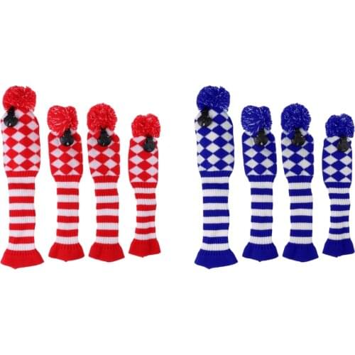 Set of 4 Golf Driver Fairway Woods Club, Knit Head Covers Knit Pom Pom Sock Headcovers Long Neck Knit Sock Golf Club