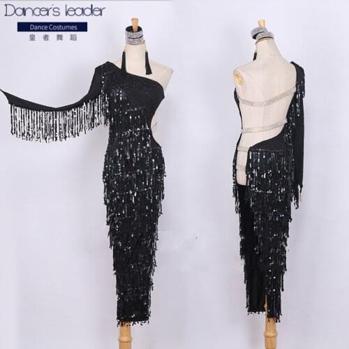 New Latin dance sequined tassel skirt competition suit black slim long skirt side sexy straps ladies performance clothing