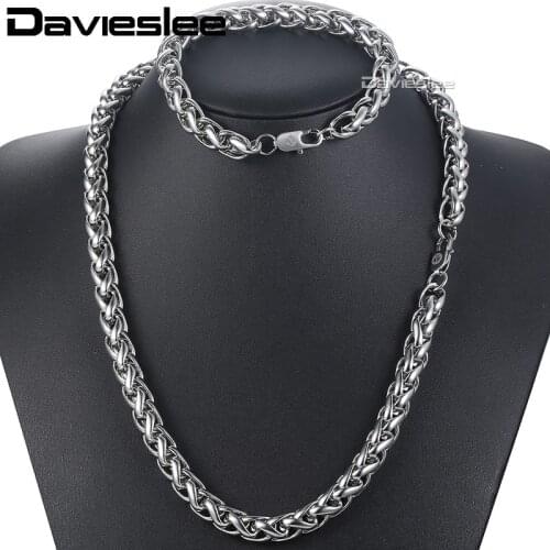 Davieslee Necklace Bracelet Jewelry Set for Men Chain Braided Wheat Link Stainless Steel Silver Color 3-10mm LKSM04