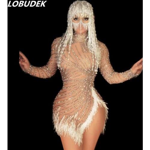 Bar Nightclub Stage Costume Sexy Transparent Mesh Pearl Rhinestones Tassel Slit Short Dress Latin Dance Performance Clothes