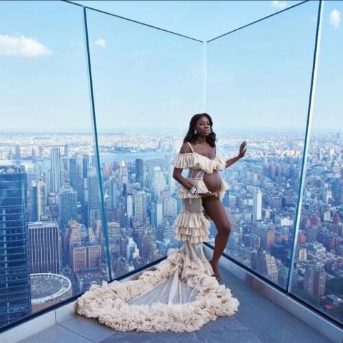 Sexy Women Tulle Pregnancy Dresses With Straps Cap Sleeves Layered Long Train See Thru Women Maternity Gowns Photo Shoot