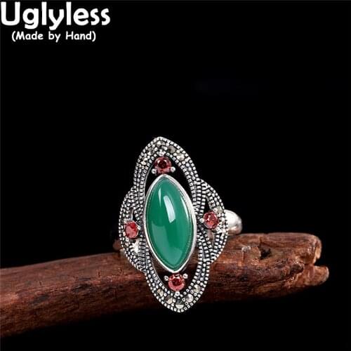 Uglyless Performance Dress Exaggerated Wide Rings for Women Big Size Olive Chalcedony Rings 925 Thai Silver Vogue Dress Jewelry
