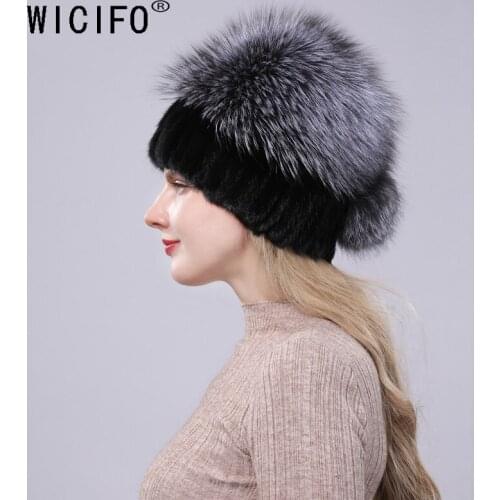 Winter Fur Hat for Women Real Rex mink Fur Hats with Silver Fox Fur Flower Knitted Beanies Caps New High-end Women Fur Cap
