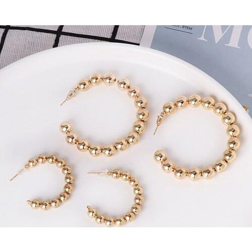 Simple New Gold Color Smooth Metal Balls Hoop Earrings Fashion Round Beads Hoops Statement Earrings for Women Party Jewelry