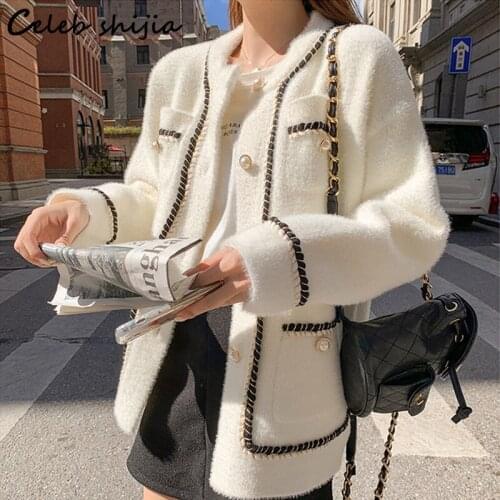 New Mink Cashmere Sweater Woman Cardigan Autumn Single Breasted Pocket Knitted Cardigan Korean Loose Crop Top Winter Jumpers