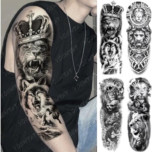 Large Arm Sleeve Tattoo Lion Crown King Rose Waterproof Temporary Tatoo Sticker Wild Wolf Tiger Men Full Skull Totem Tatto Women
