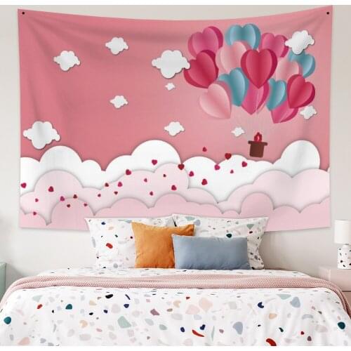 Valentines Day Love Balloons and Clouds Tapestry Vintage Exotic Summer Plant Nature Frame for Bedroom Photography Wall Decor