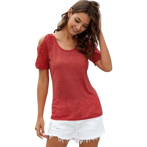Elegant Lace Patchwork Off Shoulder O-neck T-shirt Top 2020 Summer Women Solid Casual Slim Cotton Red Black Fashion Tee Female