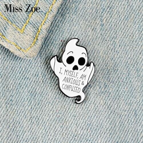 Cute Ghost Baby Enamel Pin Custom Brooches for Shirt Lapel Bag ANXIOUS CONFUSED Badge Halloween Jewelry Gift for Friends