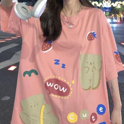 Summer Cotton Fashion Women T Shirt Print Harajuku Wow Strawberry Biscuit Cute Small Bear Pink Tees Loose Tops Female