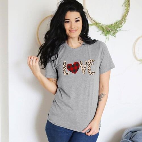 Leopard Plaid Love Colored Printed T-shirt Cute Women Valentines Day Gift Tshirt Funny Ladies Graphic Valentines Tees Tops