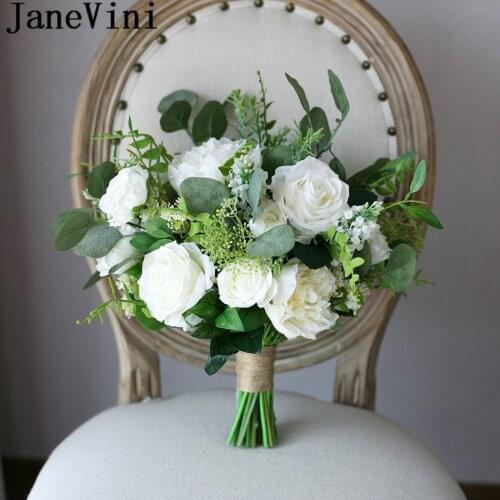 JaneVini 2020 White Artificial Roses Bridal Bouquet Bride Flowers Peony Handmade Green Leaves Wedding Bouquet sztuczne bukiety