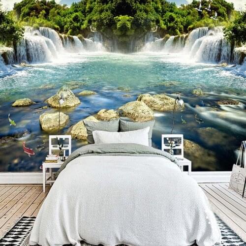 Chinese Wallpaper HD Waterfall Running Water Forest Landscape 3D Wall Mural Setting Wall Living Room Wall Paper Painel De Parede
