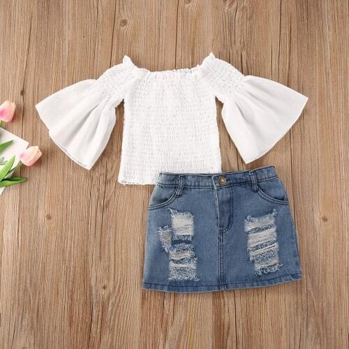 Newborn Baby Girls Clothes Sets Off Shoulder Long Flare Sleeve Tops+Denim Mini Skirts Toddler Outfits Sets